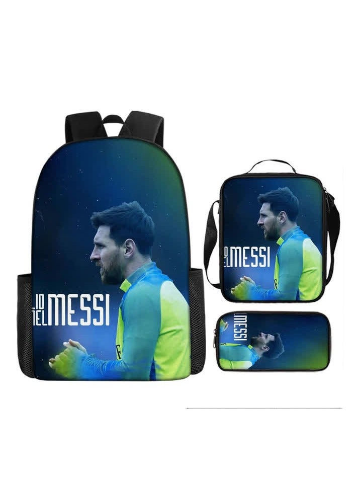 general New football schoolbag Messi peripheral middle school student backpack large-capacity polyester pencil bag satchel three-piece set,34-Three-piece set (backpack + satchel + pencil case) - Image 1
