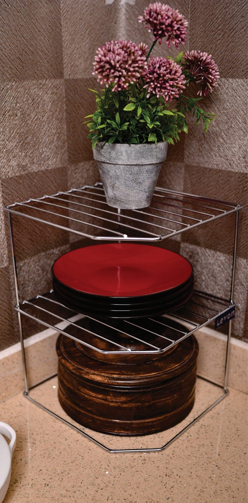 LEVON Sturdy Stainless Steel Corner Shelf Rack For Plates, Bowls & Cups In Kitchen - Size (255 x 255 x 320 mm) - Image 5