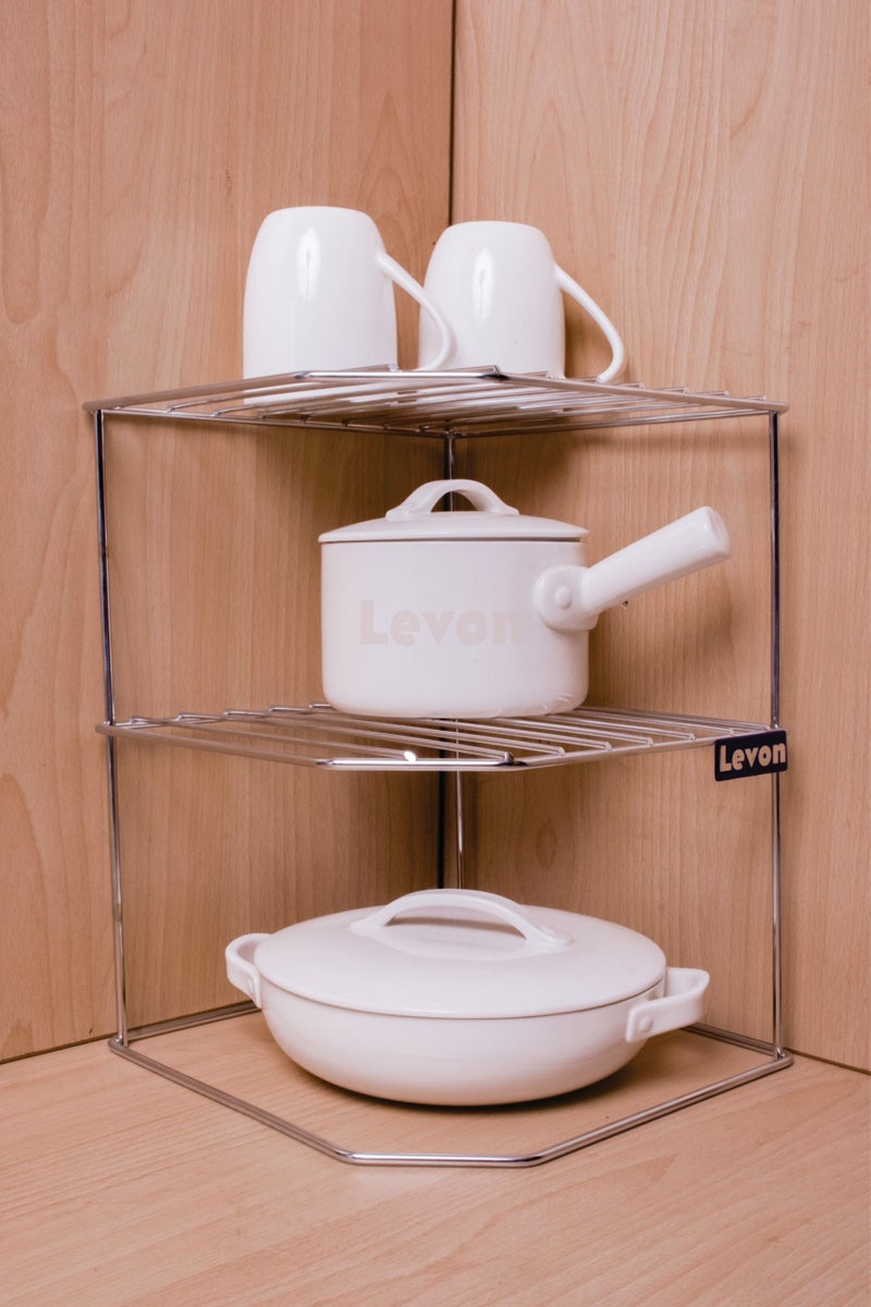LEVON Sturdy Stainless Steel Corner Shelf Rack For Plates, Bowls & Cups In Kitchen - Size (255 x 255 x 320 mm) - Image 2