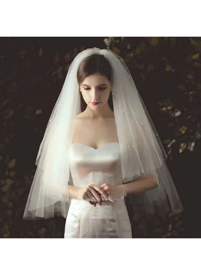 طرحة زفاف بيضاء طويلة من 4 طبقات مع لؤلؤ لحفل زفاف العازبات، طرحة زفاف مع مشط معدني - Image 3