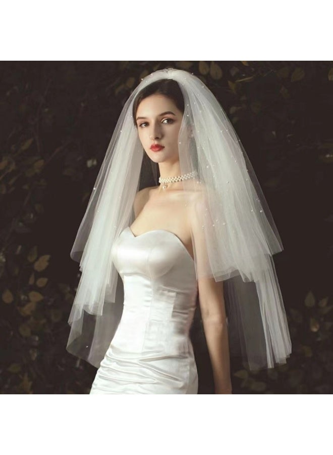 طرحة زفاف بيضاء طويلة من 4 طبقات مع لؤلؤ لحفل زفاف العازبات، طرحة زفاف مع مشط معدني - Image 2