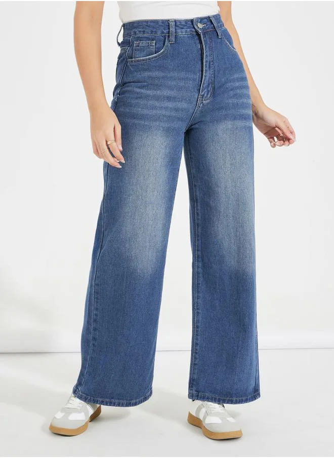 Styli High Rise Faded Panel Wide Leg Jeans