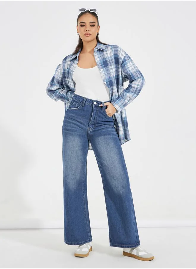Styli High Rise Faded Panel Wide Leg Jeans