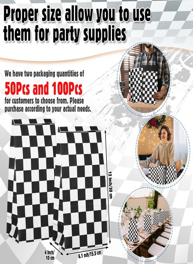 Watersay 50 Pack Checkered Racing Paper Bags 8lb Black and White Race Car Kraft Paper Treat Goodie Candy Bags for Birthday Party Decorations Supplies - Image 2