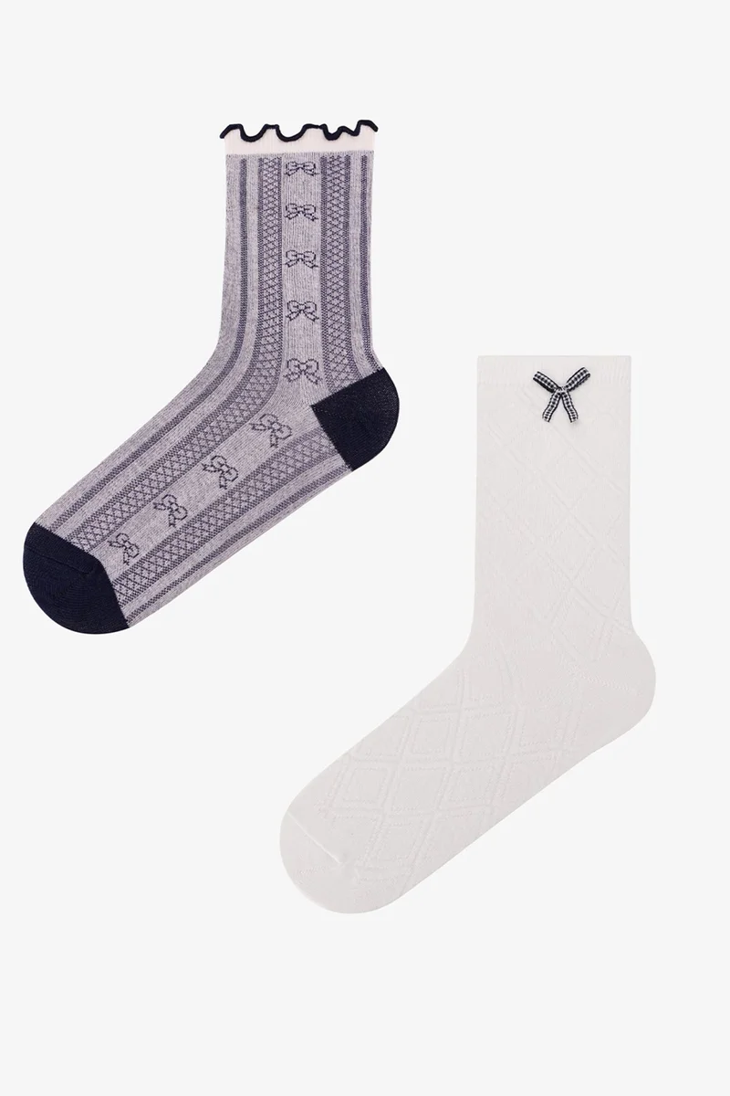 بنتي PENTI Vintage Bowtie Fiyonk Pattern Cotton 2-Pack Crew Socks
