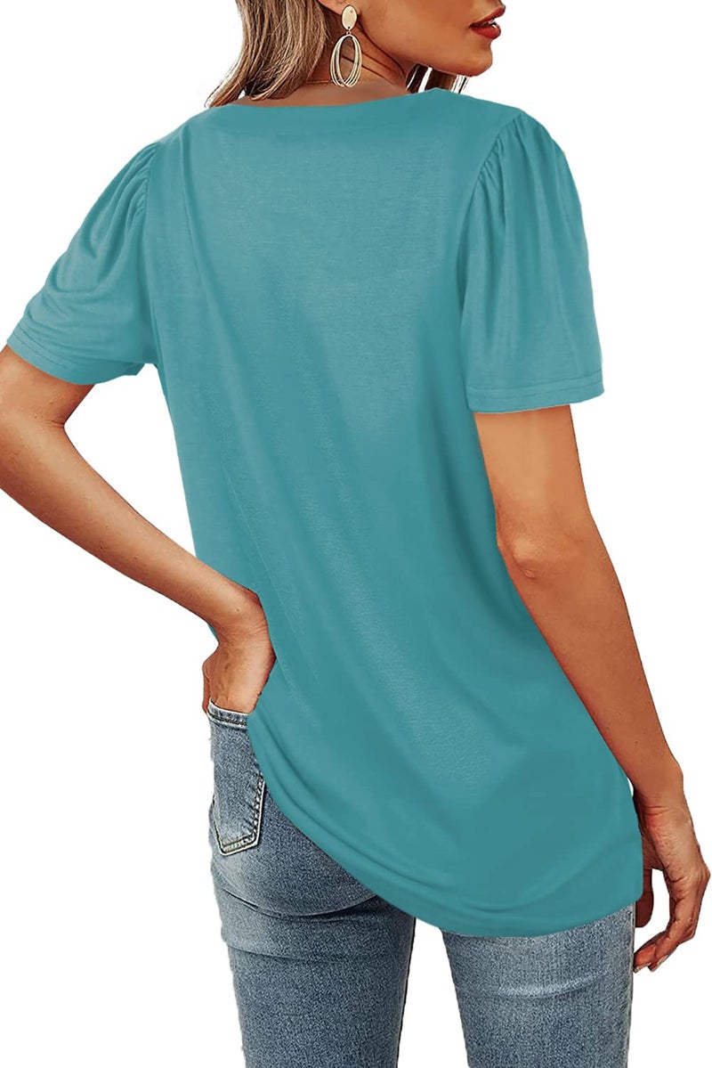 WIHOLL Womens Short Sleeve Tops Square Neck Casual T Shirts Dressy Turquoise XXL - Image 4