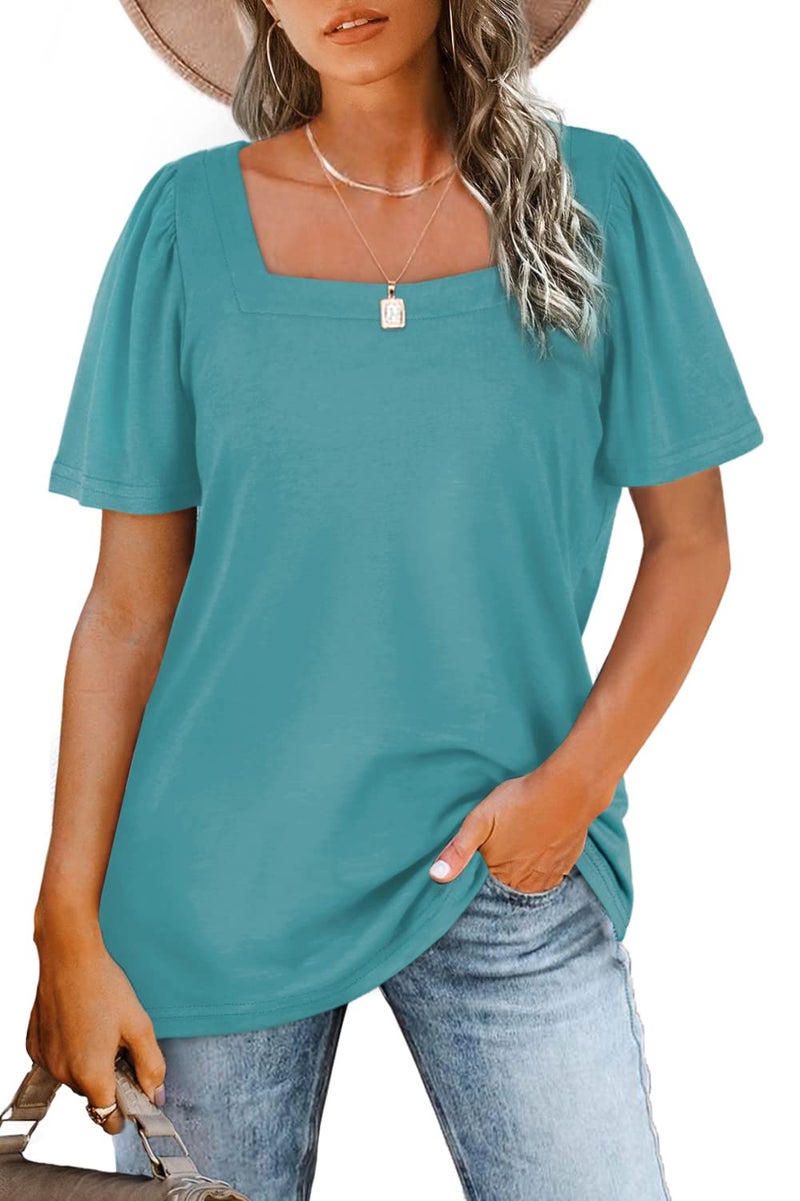 WIHOLL Womens Short Sleeve Tops Square Neck Casual T Shirts Dressy Turquoise XXL - Image 5