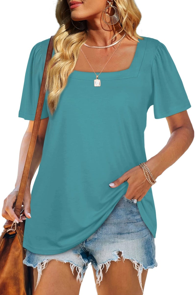 WIHOLL Womens Short Sleeve Tops Square Neck Casual T Shirts Dressy Turquoise XXL - Image 3