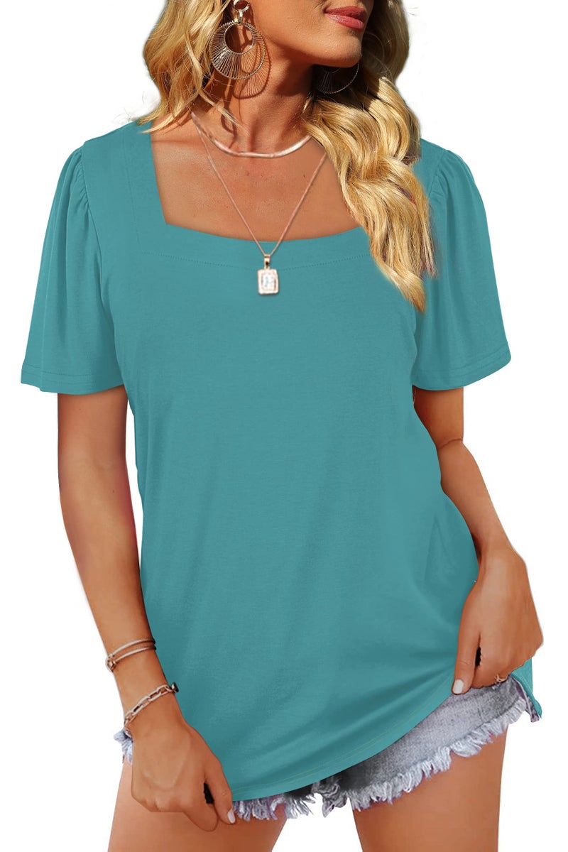 WIHOLL Womens Short Sleeve Tops Square Neck Casual T Shirts Dressy Turquoise XXL - Image 2