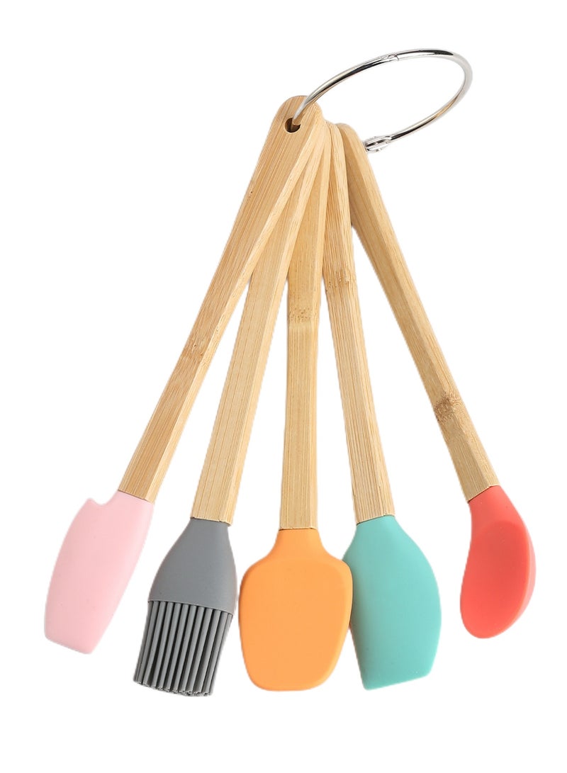 NOVOLAN Mini Baking Tools Colorful 5-Piece Set Spatula Silicone Scraper Children's Wooden Handle Silicone Small Kitchenware, Including a Scraper, Two Spatulas, a Pastry Brush, and a Small Spoon - Image 1