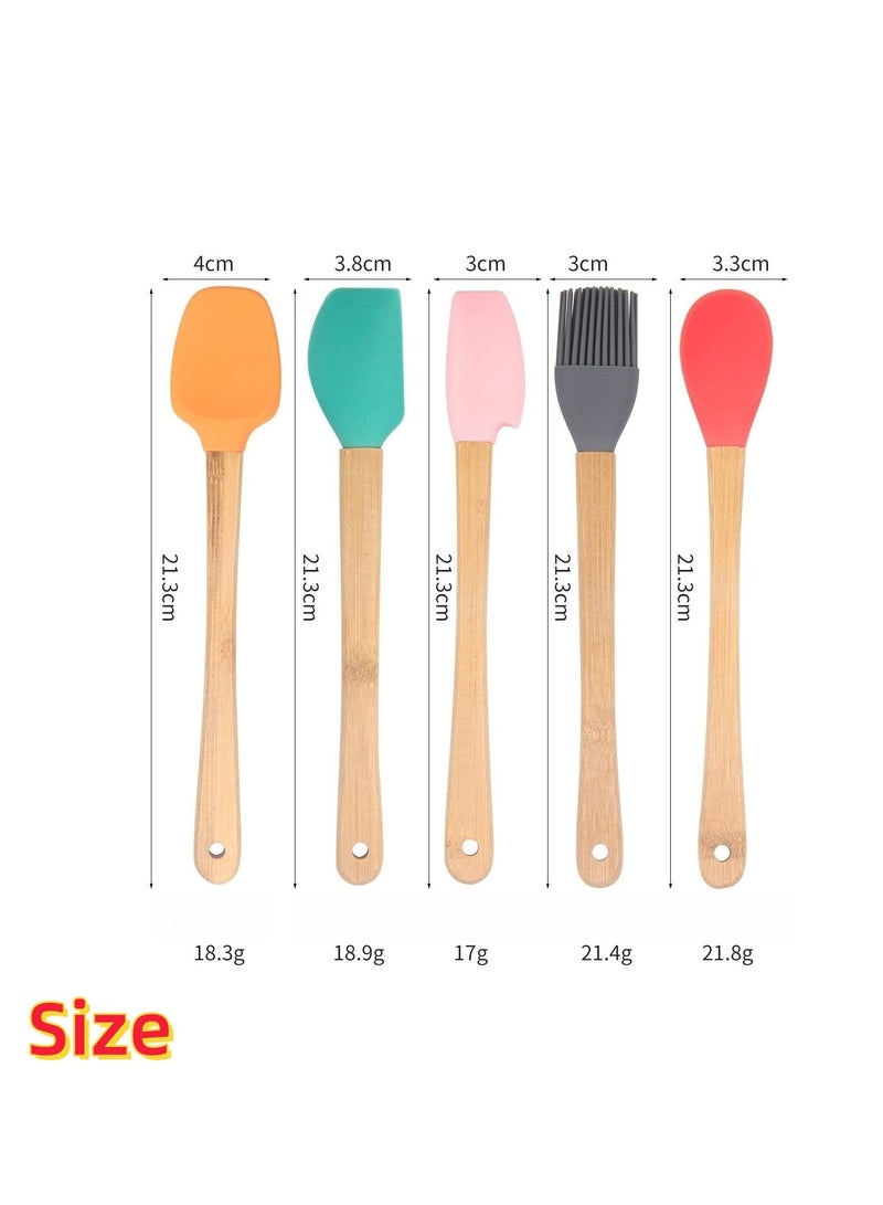 NOVOLAN Mini Baking Tools Colorful 5-Piece Set Spatula Silicone Scraper Children's Wooden Handle Silicone Small Kitchenware, Including a Scraper, Two Spatulas, a Pastry Brush, and a Small Spoon - Image 4