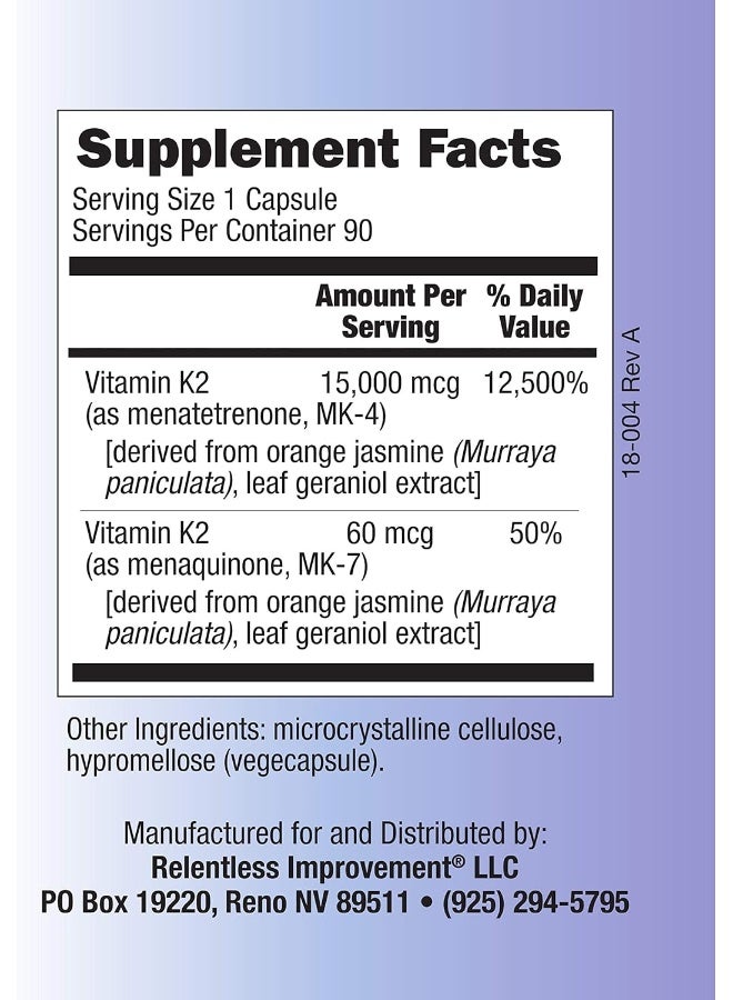 Relentless Improvement Vitamin K2 MK4 Plus MK7 Vegan Naturally-Derived Vege-Caps 90 Count - Image 3