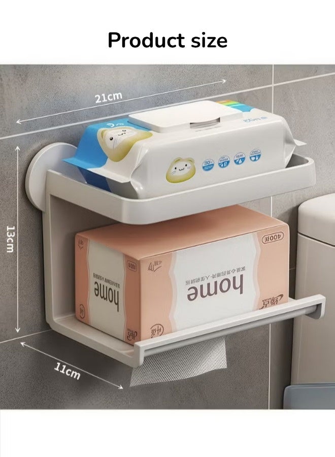 Wall Mounted Tissue Paper Holder, Double-layer Toilet Paper Dispenser, Durable Sturdy ABS Materialc Tissue Rack, No Hole Punching Space-Saving, Multifunctional Tissue Shelf for Bathroom Kitchen Living Room (White, 21x11x13CM) - Image 2