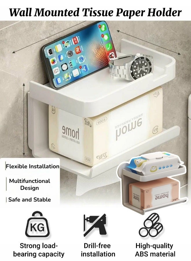 Wall Mounted Tissue Paper Holder, Double-layer Toilet Paper Dispenser, Durable Sturdy ABS Materialc Tissue Rack, No Hole Punching Space-Saving, Multifunctional Tissue Shelf for Bathroom Kitchen Living Room (White, 21x11x13CM) - Image 1