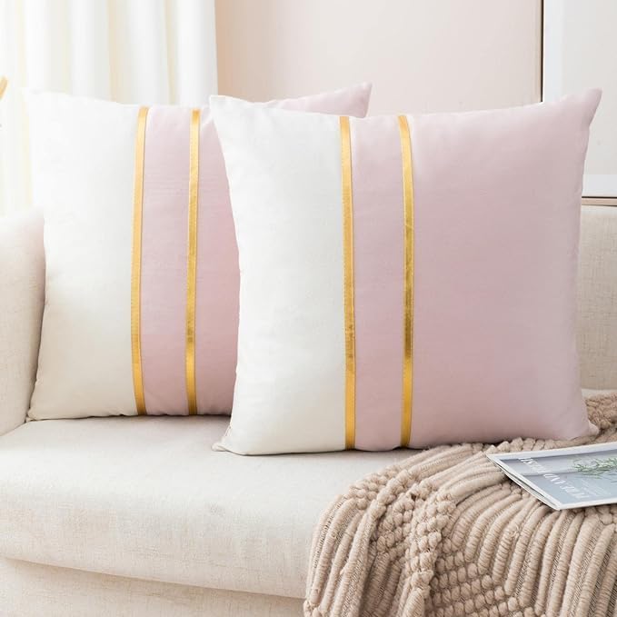 HIMS Velvet Sofa Pillow Cover Set of 2, Cushion Covers 16 inch x 16 inch for Cushion Covers Decor Living Room Sofa Bedroom Car (Pink/White, 16x16 Inch) - Image 1