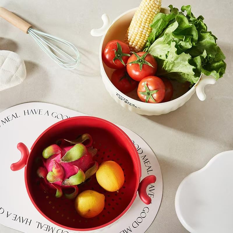 VBM Drainer Fruit Basket Double-Layer Plastic Washing Strainer Rice Fruit Vegetable Wash Drain Basket Draining Bowl Set Kitchen Utensils Multi-Purpose Colander Strainer Bowl (Beige) - Image 3