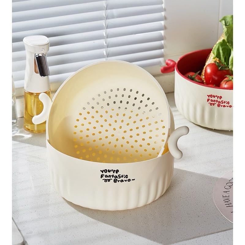 VBM Drainer Fruit Basket Double-Layer Plastic Washing Strainer Rice Fruit Vegetable Wash Drain Basket Draining Bowl Set Kitchen Utensils Multi-Purpose Colander Strainer Bowl (Beige) - Image 1