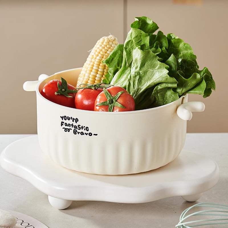 VBM Drainer Fruit Basket Double-Layer Plastic Washing Strainer Rice Fruit Vegetable Wash Drain Basket Draining Bowl Set Kitchen Utensils Multi-Purpose Colander Strainer Bowl (Beige) - Image 4