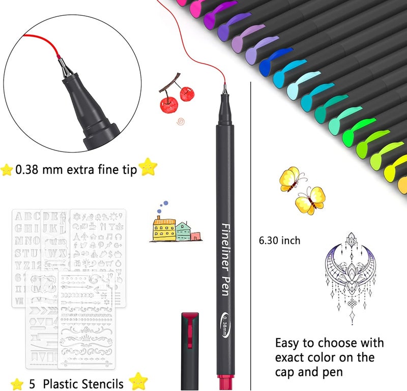 Tebik 45 Pack Planner Colored Pens, 40 Colors Pens with 5 Stencils, Fineliners for Journal Planner Note Calendar Writing Coloring, Drawing, School Office Art Supplies - Image 3