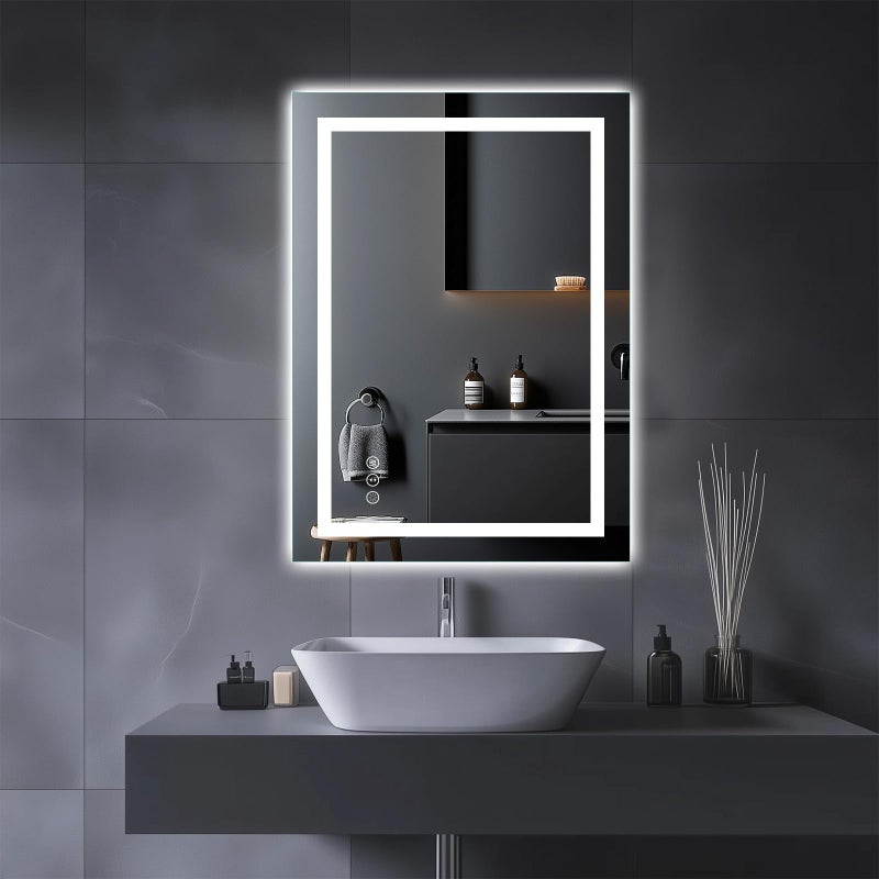 مرآة حمام أموره LED 20 × 28 مع ضوء أمامي وإضاءة خلفية قابلة للتعتيم بدون خطوات مثبتة على الحائط مضادة للضباب مقاومة للكسر ذاكرة 3 ألوان إضاءة مرآة تجميل LED أفقية عمودية
