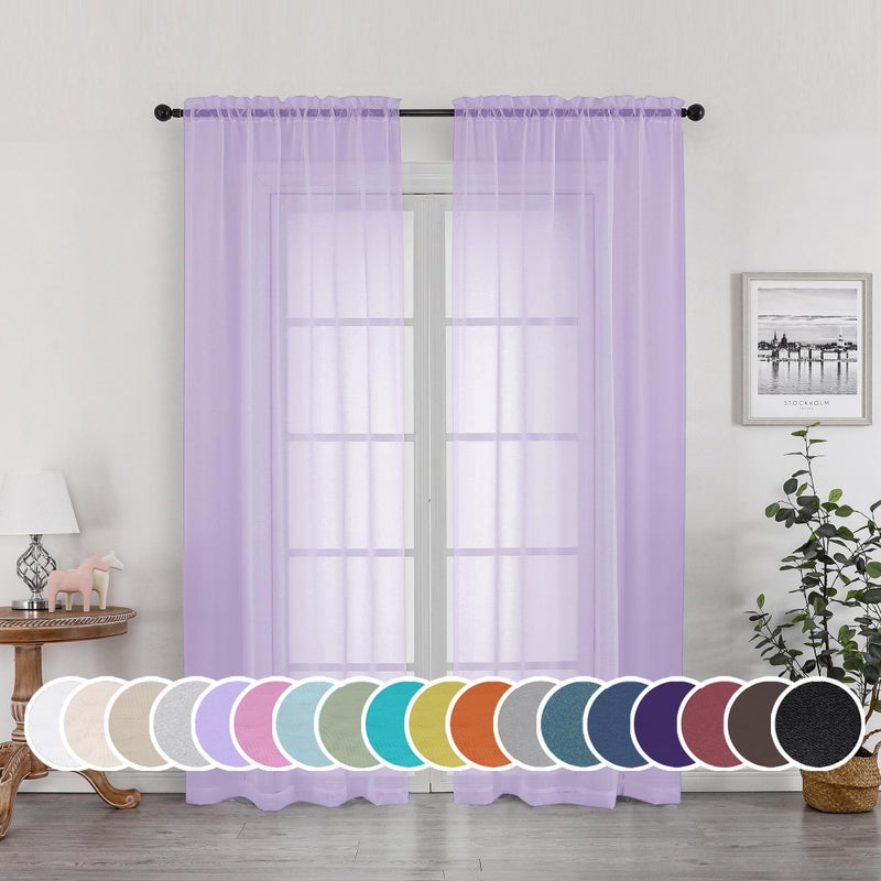 OWENIE Lavender Sheer Curtains 72 Inches Long Set of 2  Shear Curtains & Drapes for Living Room Bedroom  Solid Voile French Door Curtains Rod Pocket  Light Purple  2 Pcs Total 84 inch Width - Image 1