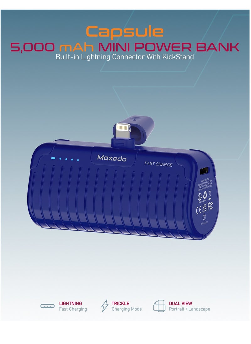 Moxedo - Moxedo Capsule 5000 mAh Mini Power Bank 20W PD Fast Charging Portable Charger with Built-in Lightning Connector with Kickstand Compatible for iPhone 14/14 Pro Max/13/12/11/X/8/7/6 Plus (Blue) - Image 1