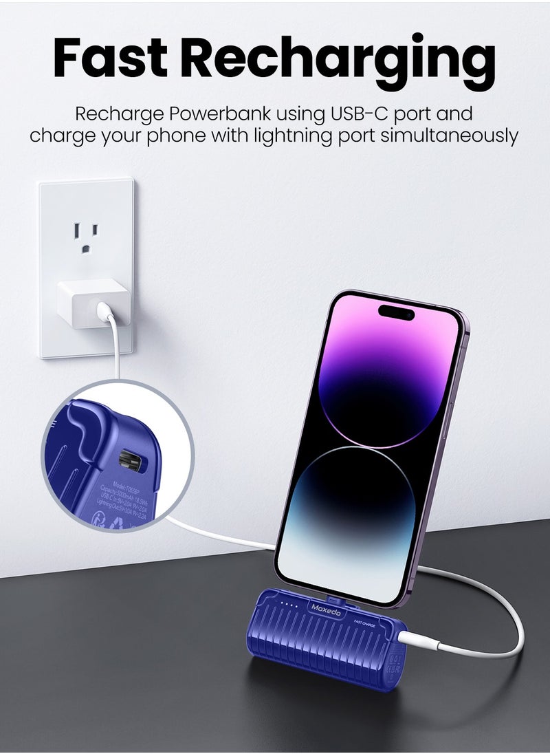 Moxedo - Moxedo Capsule 5000 mAh Mini Power Bank 20W PD Fast Charging Portable Charger with Built-in Lightning Connector with Kickstand Compatible for iPhone 14/14 Pro Max/13/12/11/X/8/7/6 Plus (Blue) - Image 1
