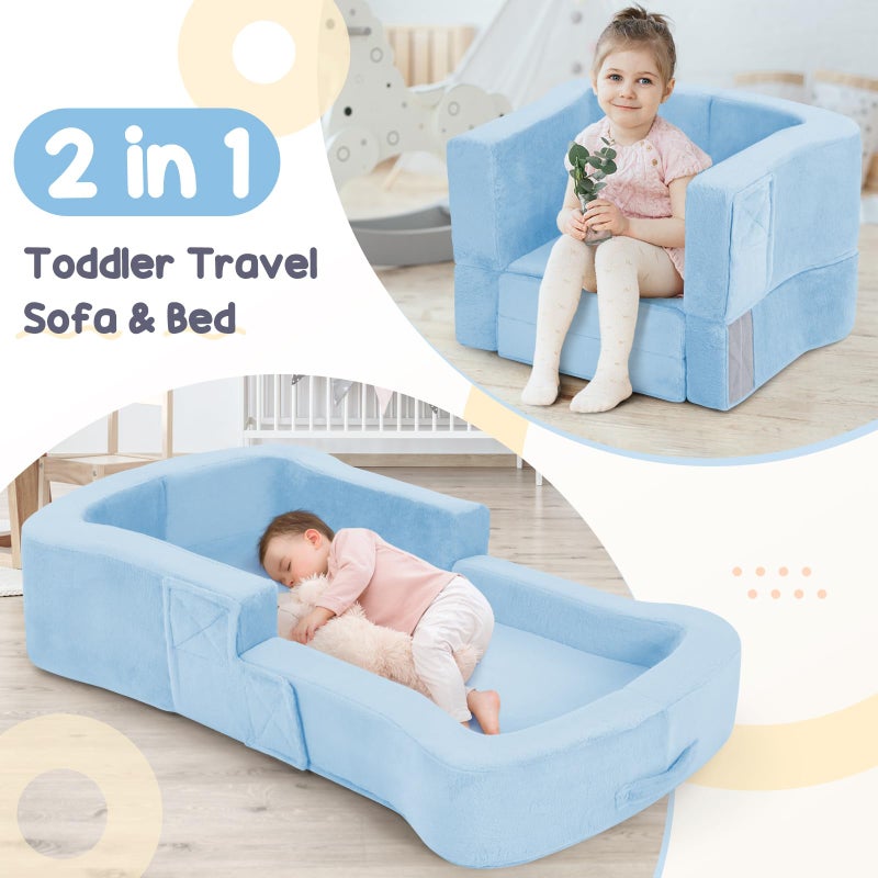 whiffee Toddler Travel Bed, 2-in-1 Foldable Portable Toddler Bed Sofa Chair, Soft Baby Kids Travel Floor Cot with Washable Covers Safety Foam Raised Bumper for Camping Hotel Sleeping (Blue) - Image 2
