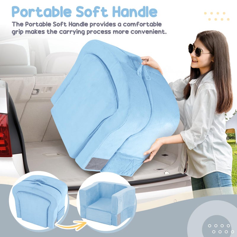 whiffee Toddler Travel Bed, 2-in-1 Foldable Portable Toddler Bed Sofa Chair, Soft Baby Kids Travel Floor Cot with Washable Covers Safety Foam Raised Bumper for Camping Hotel Sleeping (Blue) - Image 5