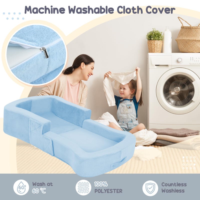 whiffee Toddler Travel Bed, 2-in-1 Foldable Portable Toddler Bed Sofa Chair, Soft Baby Kids Travel Floor Cot with Washable Covers Safety Foam Raised Bumper for Camping Hotel Sleeping (Blue) - Image 4