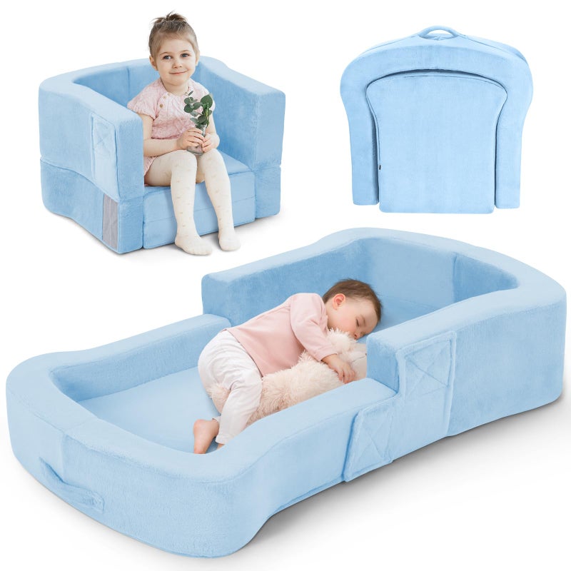 whiffee Toddler Travel Bed, 2-in-1 Foldable Portable Toddler Bed Sofa Chair, Soft Baby Kids Travel Floor Cot with Washable Covers Safety Foam Raised Bumper for Camping Hotel Sleeping (Blue) - Image 1