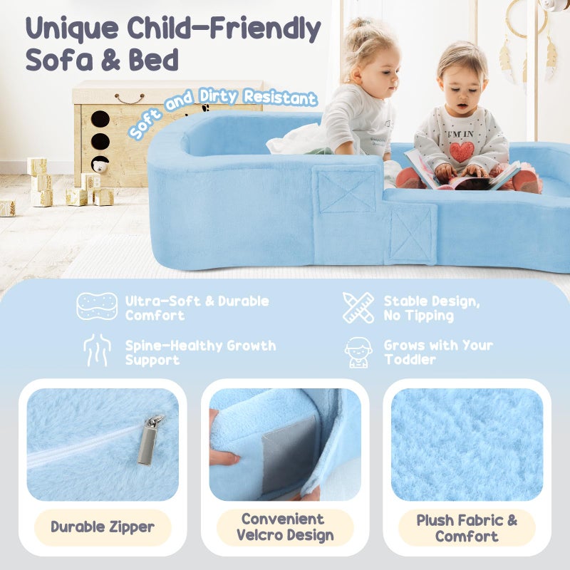 whiffee Toddler Travel Bed, 2-in-1 Foldable Portable Toddler Bed Sofa Chair, Soft Baby Kids Travel Floor Cot with Washable Covers Safety Foam Raised Bumper for Camping Hotel Sleeping (Blue) - Image 3