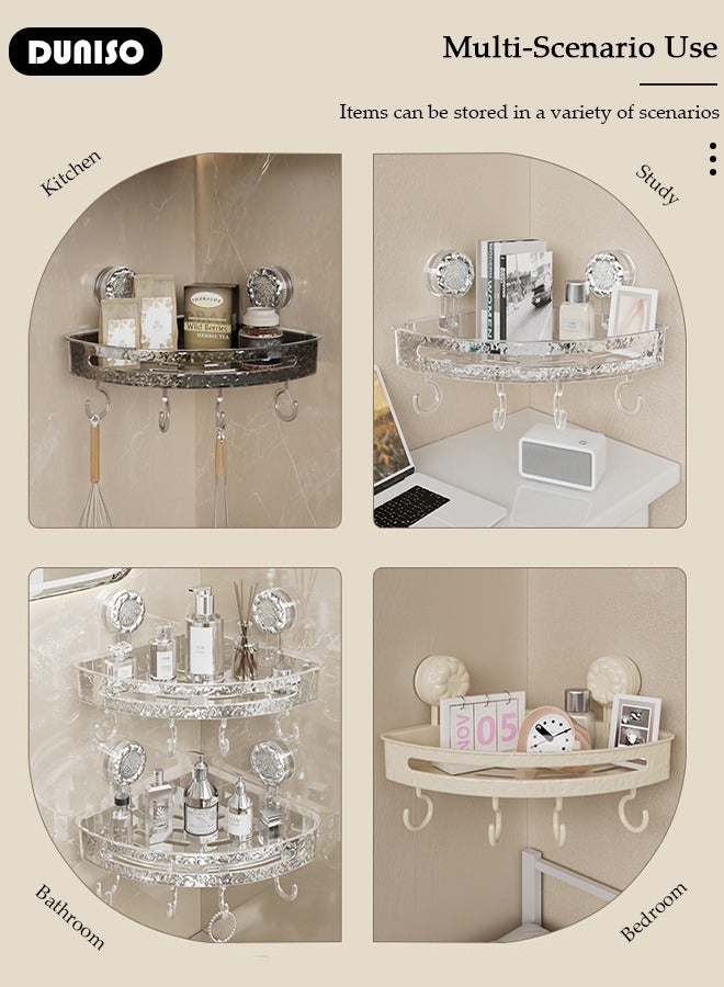 DUNISO Bathroom Organizer Corner Shower Caddy With 4 Hooks, Adhesive Plastic Wall Mounted No Drilling Rustproof Shower Shelf Organiser, Floating Shelves Rack for Kitchen, Toilet & Bathroom Storage  - Image 5