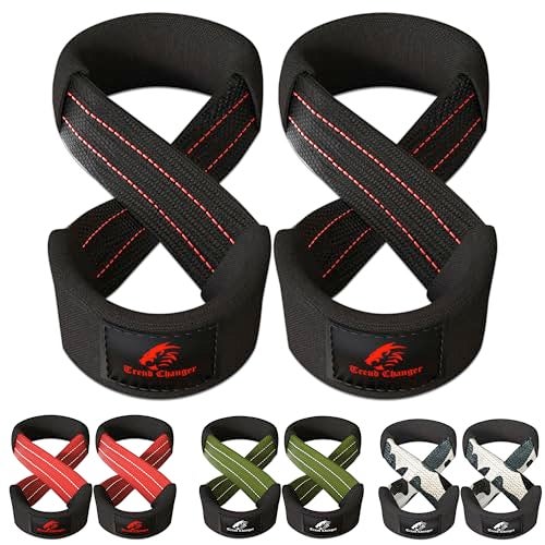 Trend Changer Figure 8 Lifting Strap Padded Deadlift Straps Heavy Duty Weight Lifting Straps Strongman Axle Bar Straps Weightlifting Wrist Wraps (Large (8.0'' & UP Wrist Circumference), Black/Red) - Image 1