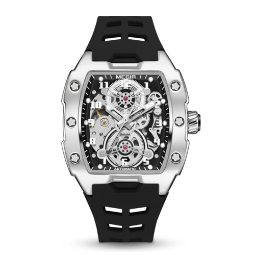 MEGIR Automatic Mechanical Men Watch, Silicone Band, 43x50mm Alloy Case, 3ATM Water Resistant, Luminous Hands, Black - Image 1