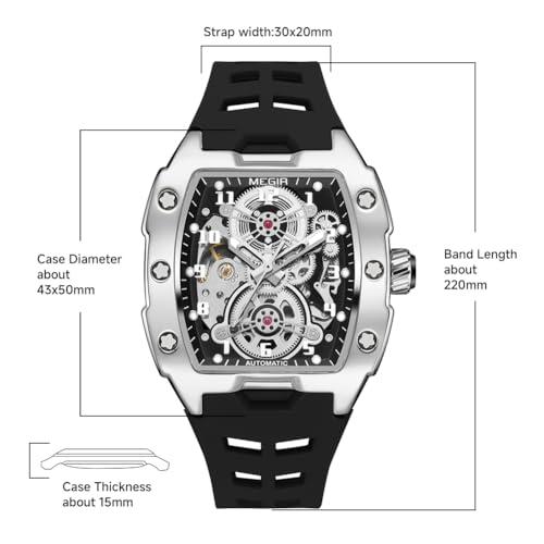 MEGIR Automatic Mechanical Men Watch, Silicone Band, 43x50mm Alloy Case, 3ATM Water Resistant, Luminous Hands, Black - Image 4
