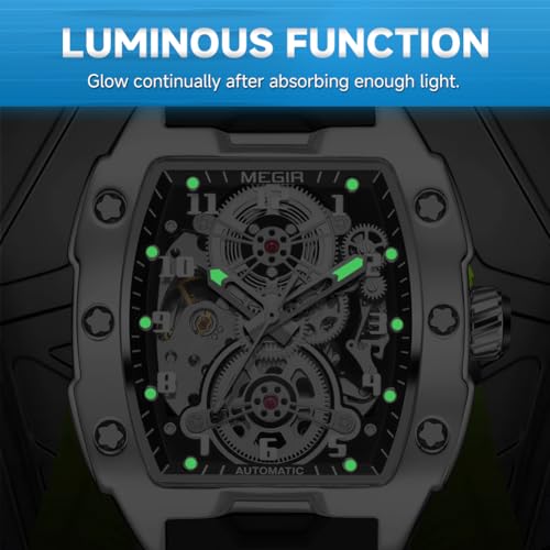 MEGIR Automatic Mechanical Men Watch, Silicone Band, 43x50mm Alloy Case, 3ATM Water Resistant, Luminous Hands, Black - Image 5