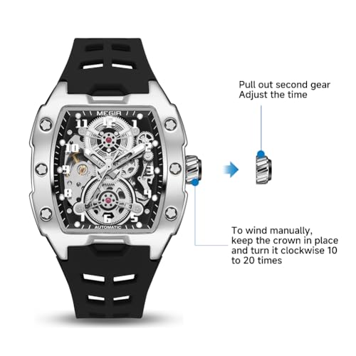 MEGIR Automatic Mechanical Men Watch, Silicone Band, 43x50mm Alloy Case, 3ATM Water Resistant, Luminous Hands, Black - Image 3
