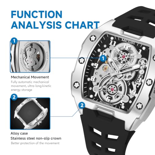 MEGIR Automatic Mechanical Men Watch, Silicone Band, 43x50mm Alloy Case, 3ATM Water Resistant, Luminous Hands, Black - Image 2