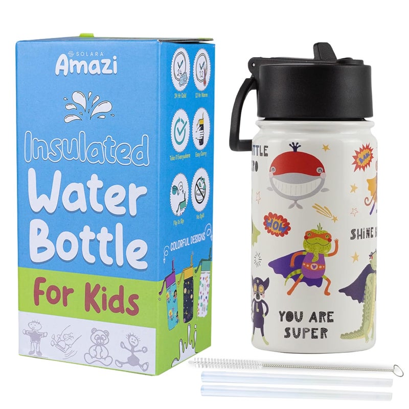 SOLARA Amazi Kids Insulated Water Bottle for Kids 450ml, Kids Water Bottle,Sipper Bottle for Kids,Thermosteel Kids Bottles,Stainless Steel Water Bottles for Kids,Straw Bottle for Kids, Animal Heroes - Image 1