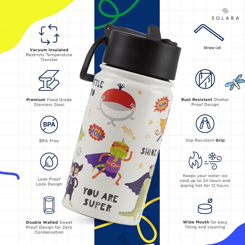 SOLARA Amazi Kids Insulated Water Bottle for Kids 450ml, Kids Water Bottle,Sipper Bottle for Kids,Thermosteel Kids Bottles,Stainless Steel Water Bottles for Kids,Straw Bottle for Kids, Animal Heroes - Image 2