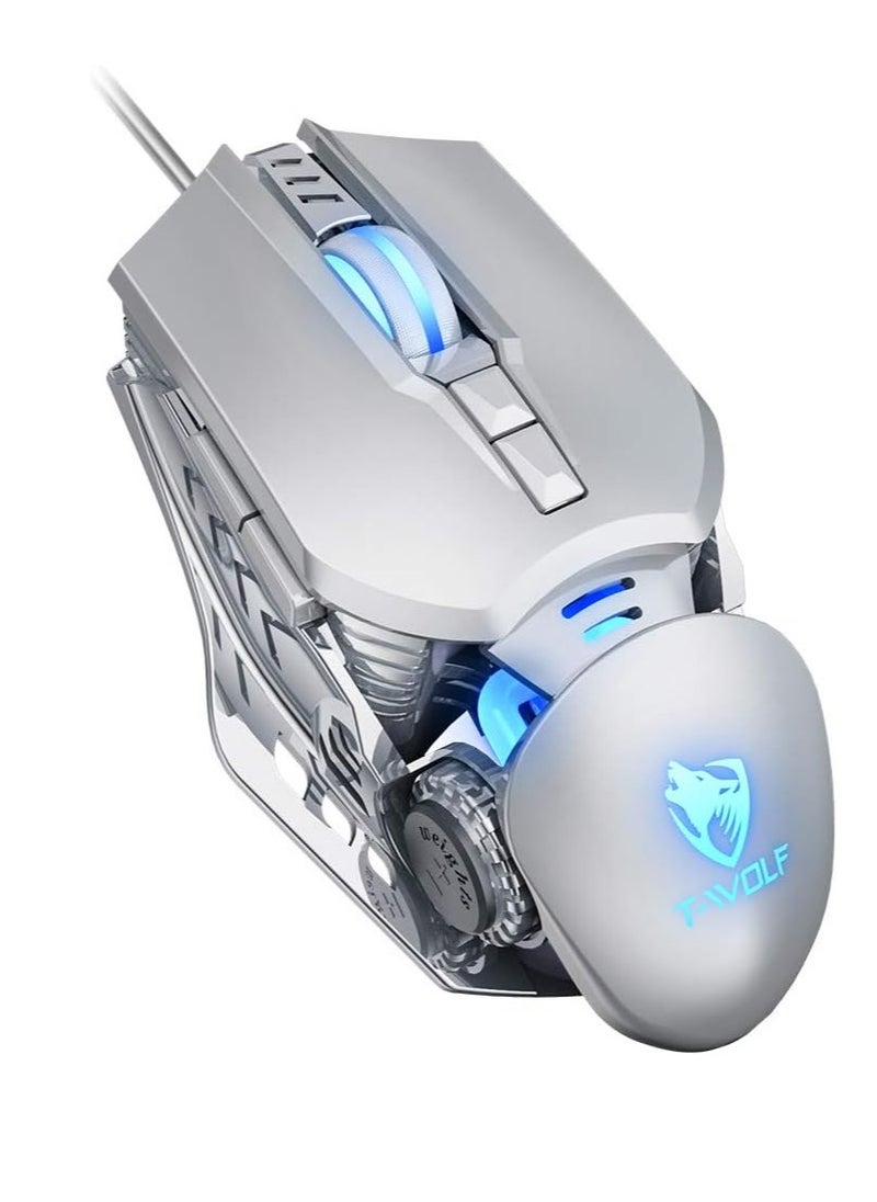 T-WOLF - Wired Gaming Mouse 7 Button 4 Color Backlight 1200-6400 Adjustable DPI Office Mouse Built-in Weights for Laptop/PC Silver G530 - Image 1