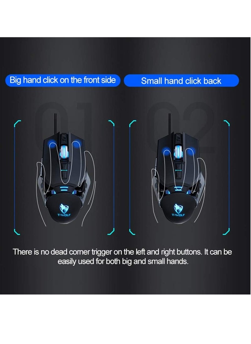 T-WOLF - Wired Gaming Mouse 7 Button 4 Color Backlight 1200-6400 Adjustable DPI Office Mouse Built-in Weights for Laptop/PC Silver G530 - Image 1