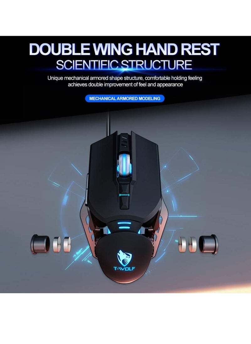 T-WOLF - Wired Gaming Mouse 7 Button 4 Color Backlight 1200-6400 Adjustable DPI Office Mouse Built-in Weights for Laptop/PC Silver G530 - Image 1