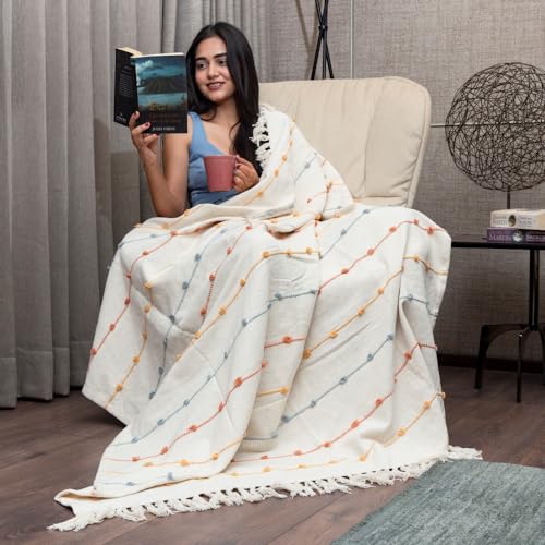 Urban Space Handmade Pure Cotton Sofa Throw Blanket, Soft Decorative Throw for Living Room, Sofa, Chair and Couch, Reversible and Breathable Throw with Tassels (Size- 125 cm x 150 cm, Boho White) - Image 1