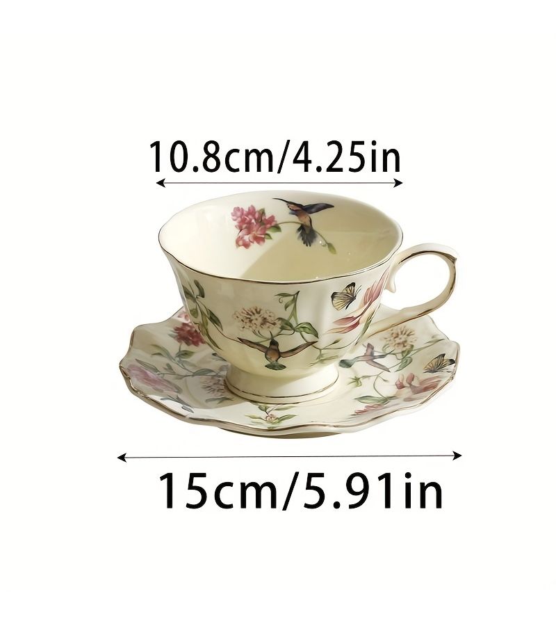European Retro Gilded Ceramic Flower And Bird Cup Saucer Set - Image 2