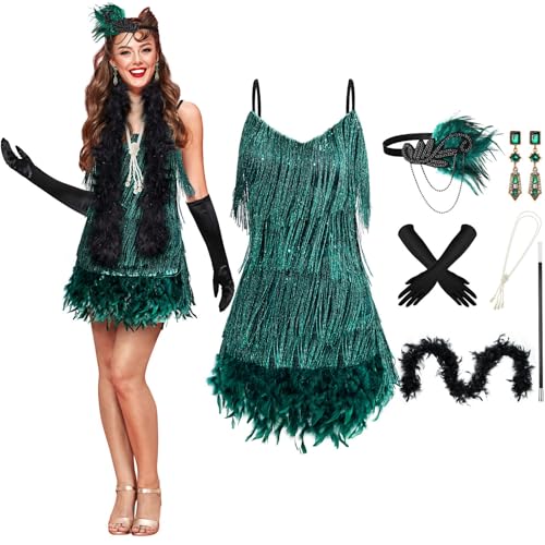 Floraltop 7 Pcs 1920s Flapper Accessories for Women Feather Boa V Neck Dress Earrings Headwear Gloves Necklace(S,Peacock Green) - Image 2