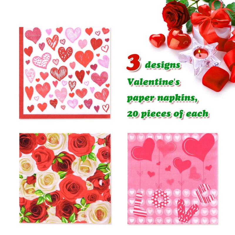 ASTARON ASTARON 60 pieces Valentine's Day Napkins 13""? 13""  Disposable Paper Cocktail Napkins for Valentine Party Supplies  3 Designs Valentines Day Themed Napkins  - Image 2