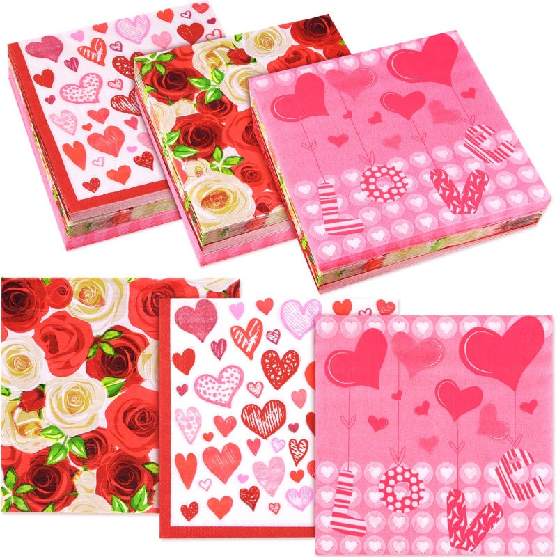 ASTARON ASTARON 60 pieces Valentine's Day Napkins 13""? 13""  Disposable Paper Cocktail Napkins for Valentine Party Supplies  3 Designs Valentines Day Themed Napkins  - Image 1