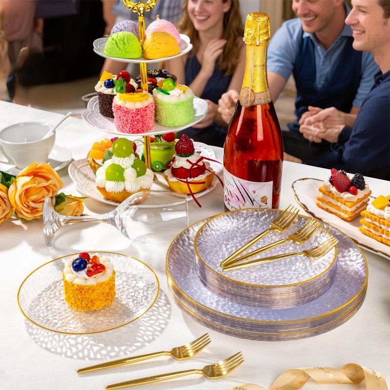 DaYammi 240Pcs Gold Plastic Plates Including 120Pcs Dessert Plates and 120Pcs Cake Forks,Hammered Party Plate,Clear Gold Appetizer plates Heavy duty Disposable Plastic Plate for Party Wedding Birthday - Image 2
